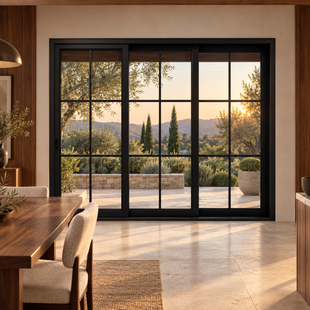 6-lite 3-panel black steel sliding door in a walnut dining room overlooking a terrace — lifestyle visualization