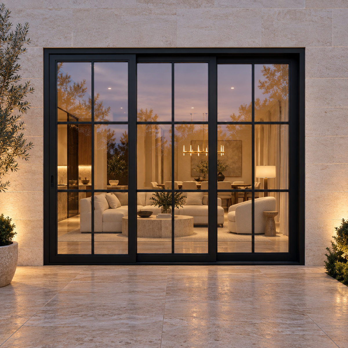 6-lite 3-panel black steel sliding door on a limestone terrace at blue hour — lifestyle visualization