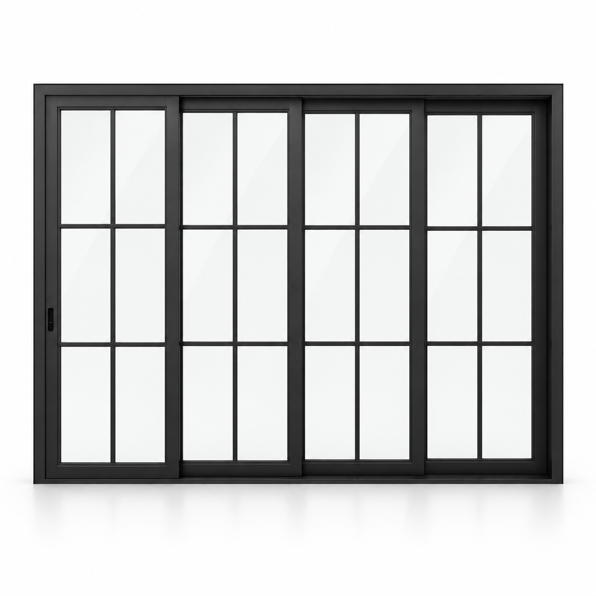 6-lite 4-panel black steel sliding door on white background — product visualization