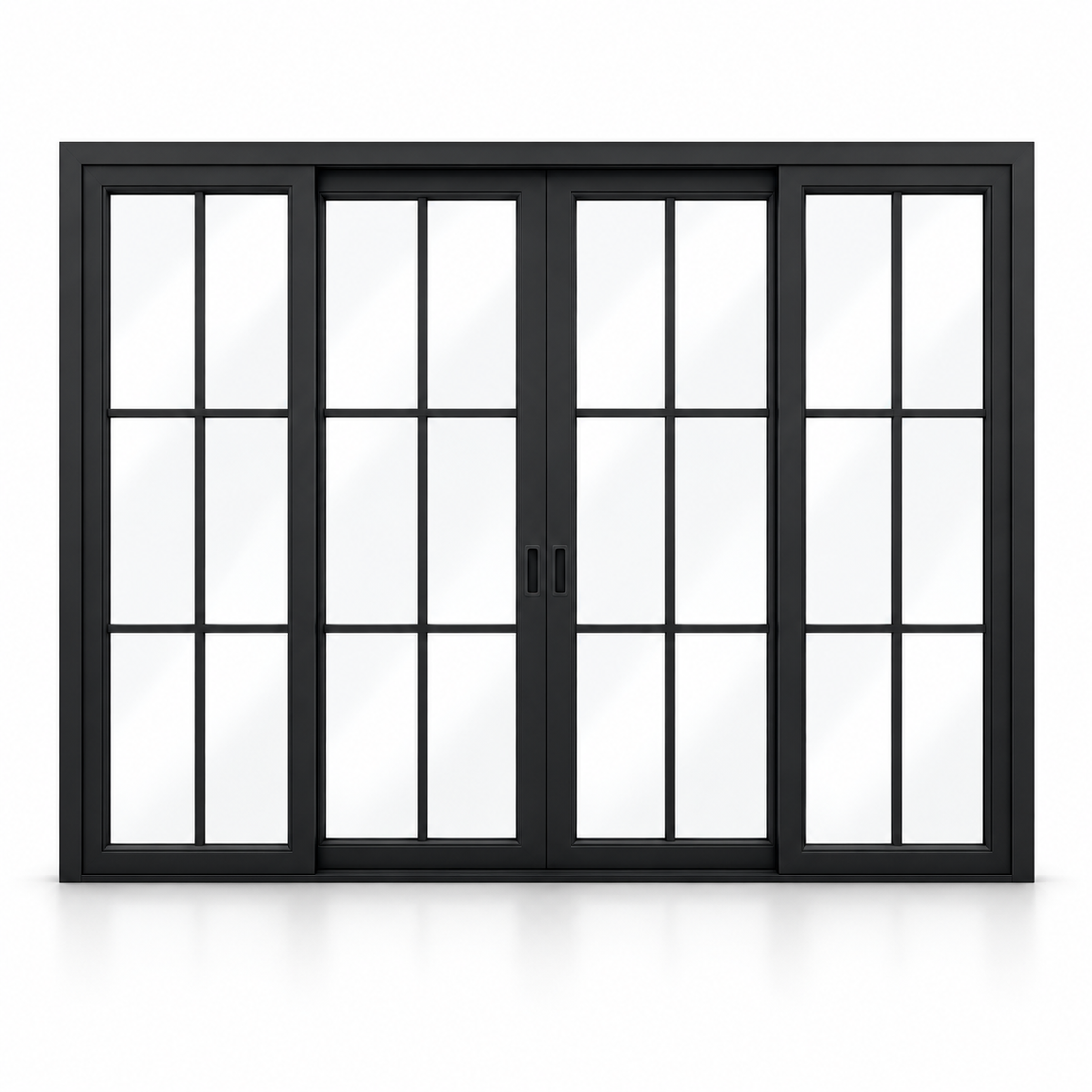 6-lite 4-panel center-opening black steel sliding door on white background — product visualization