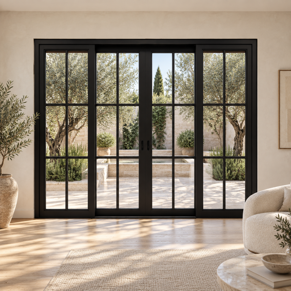 6-lite 4-panel center-opening black steel sliding door in an ivory sitting room overlooking an olive courtyard — lifestyle visualization