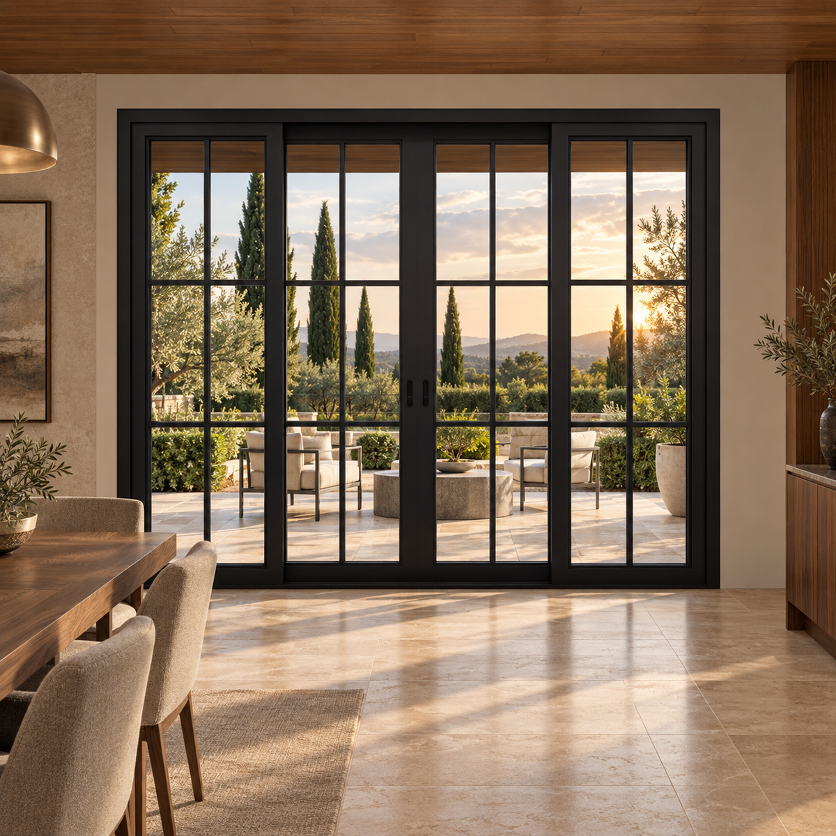 6-lite 4-panel center-opening black steel sliding door in a walnut dining room overlooking a terrace — lifestyle visualization