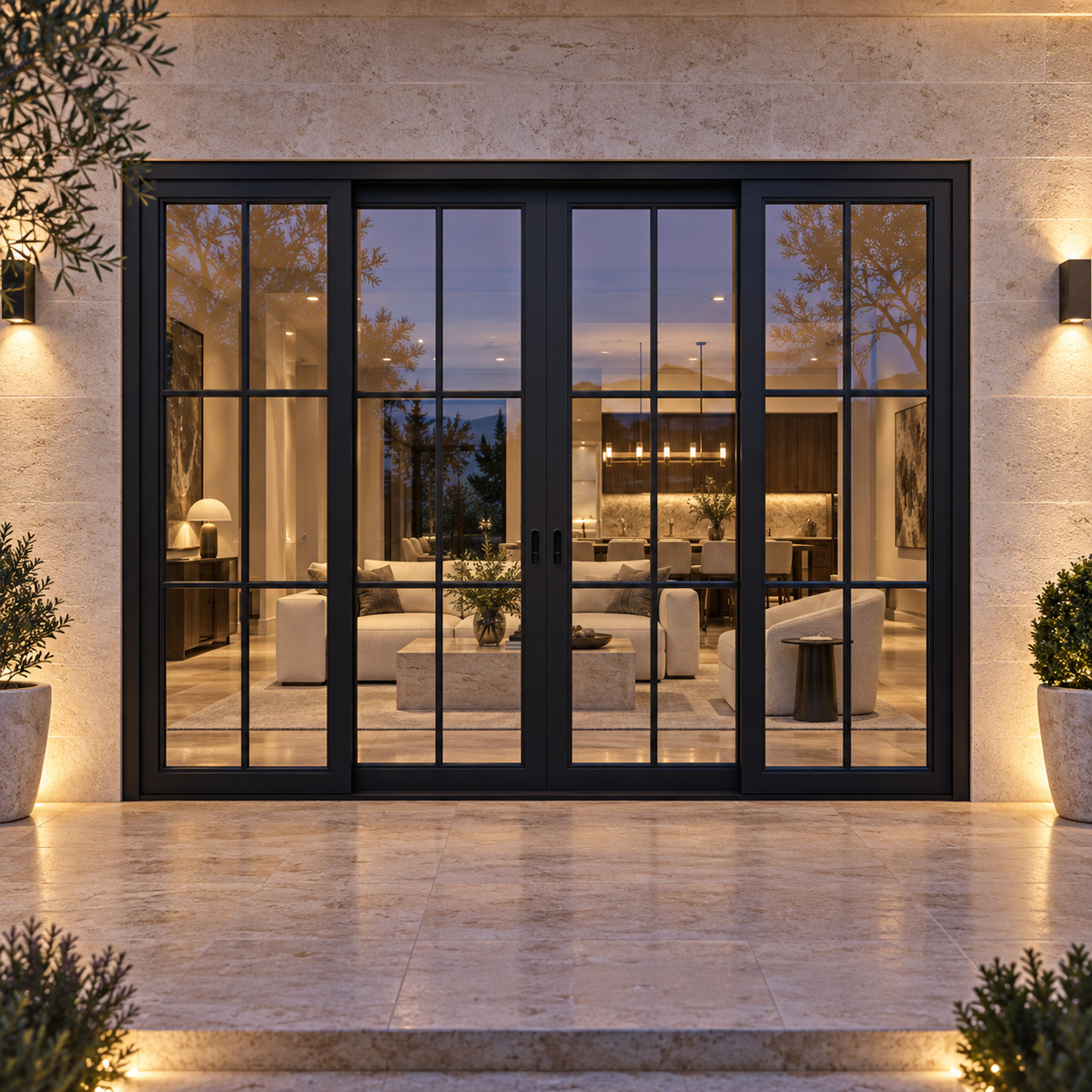 6-lite 4-panel center-opening black steel sliding door on a limestone terrace at blue hour — lifestyle visualization