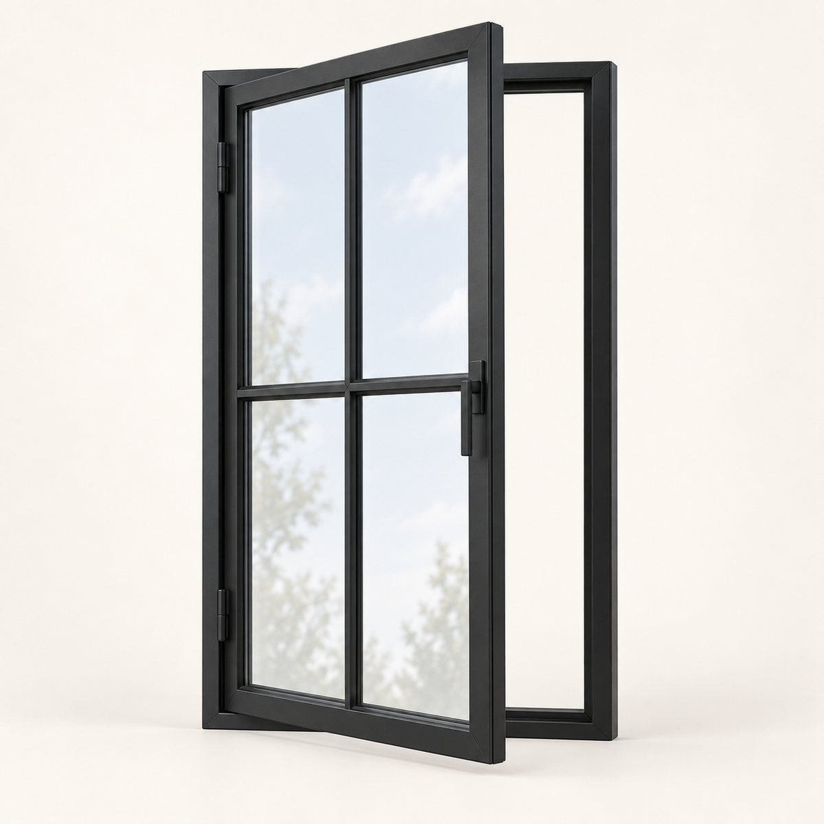 4-lite black steel single casement window shown open with a two-by-two pane pattern — product visualization