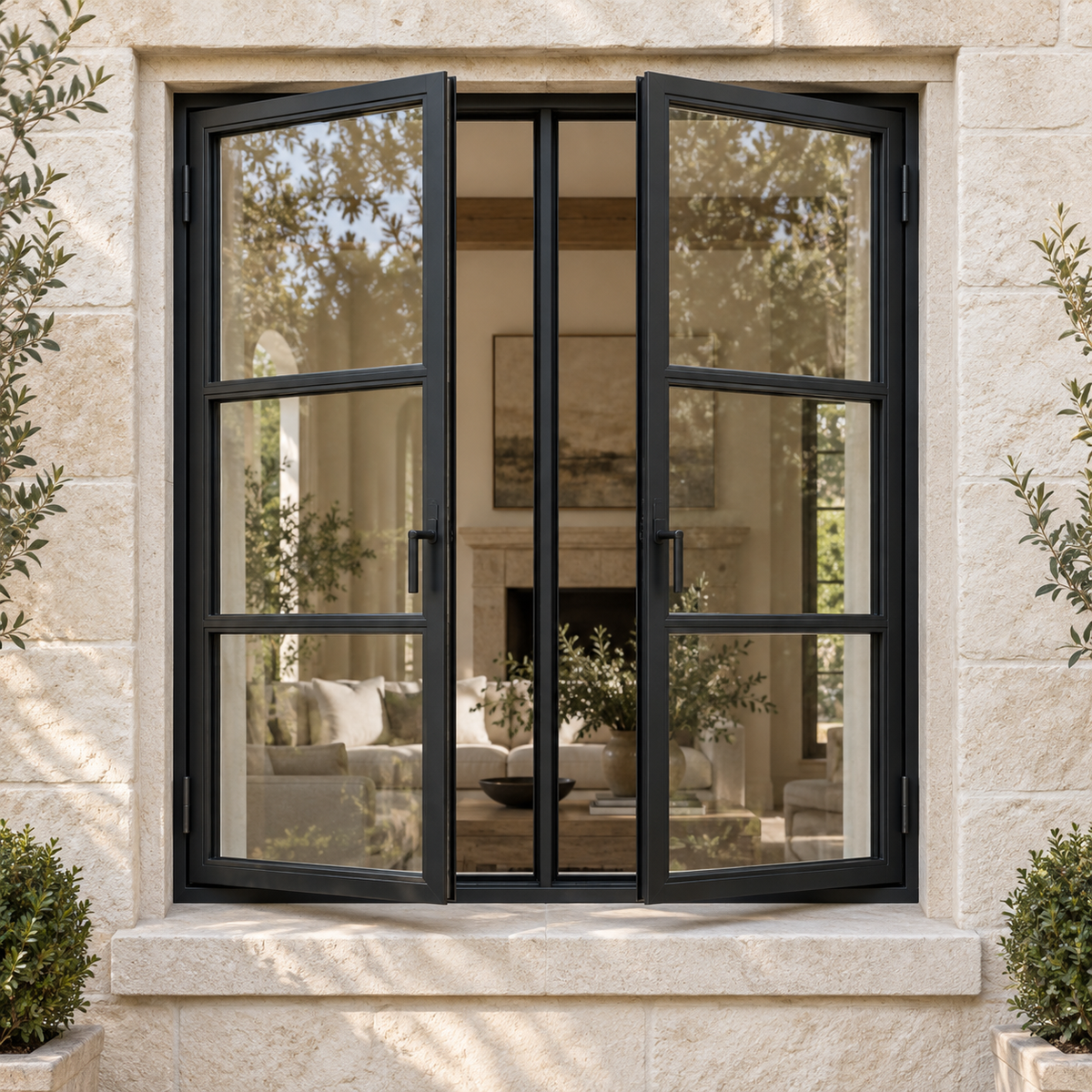 3 Lite black steel double casement window open in an ivory limestone exterior.
