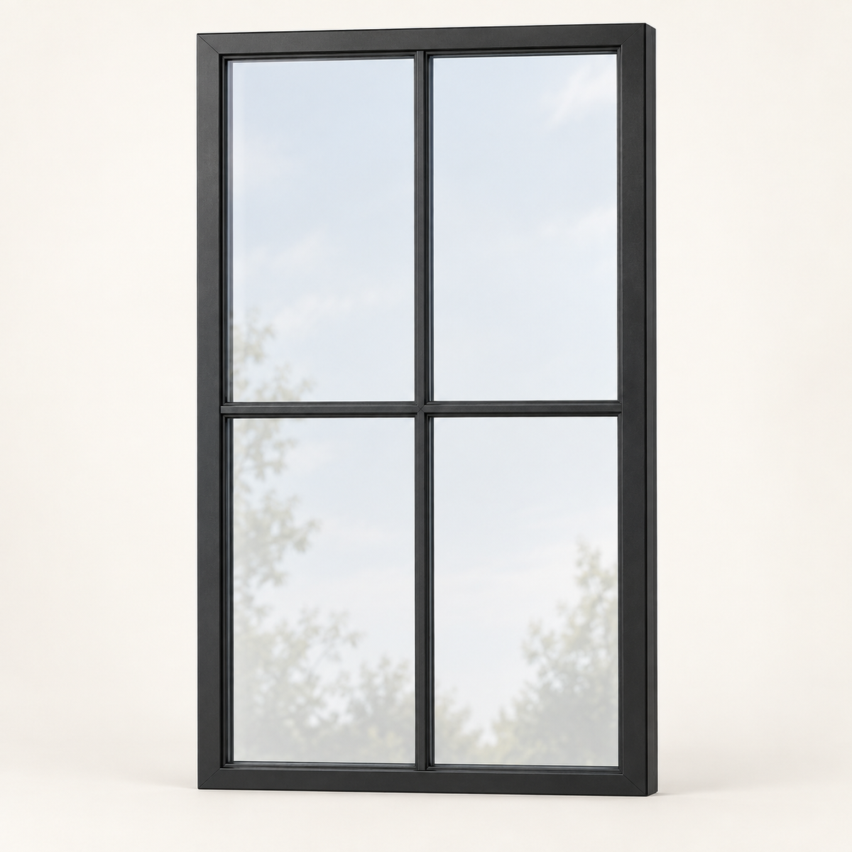4-lite fixed steel window with a matte black frame and two-by-two glass pane pattern — product visualization