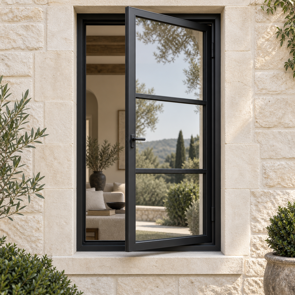 3 Lite black steel single casement window open in an ivory limestone exterior.