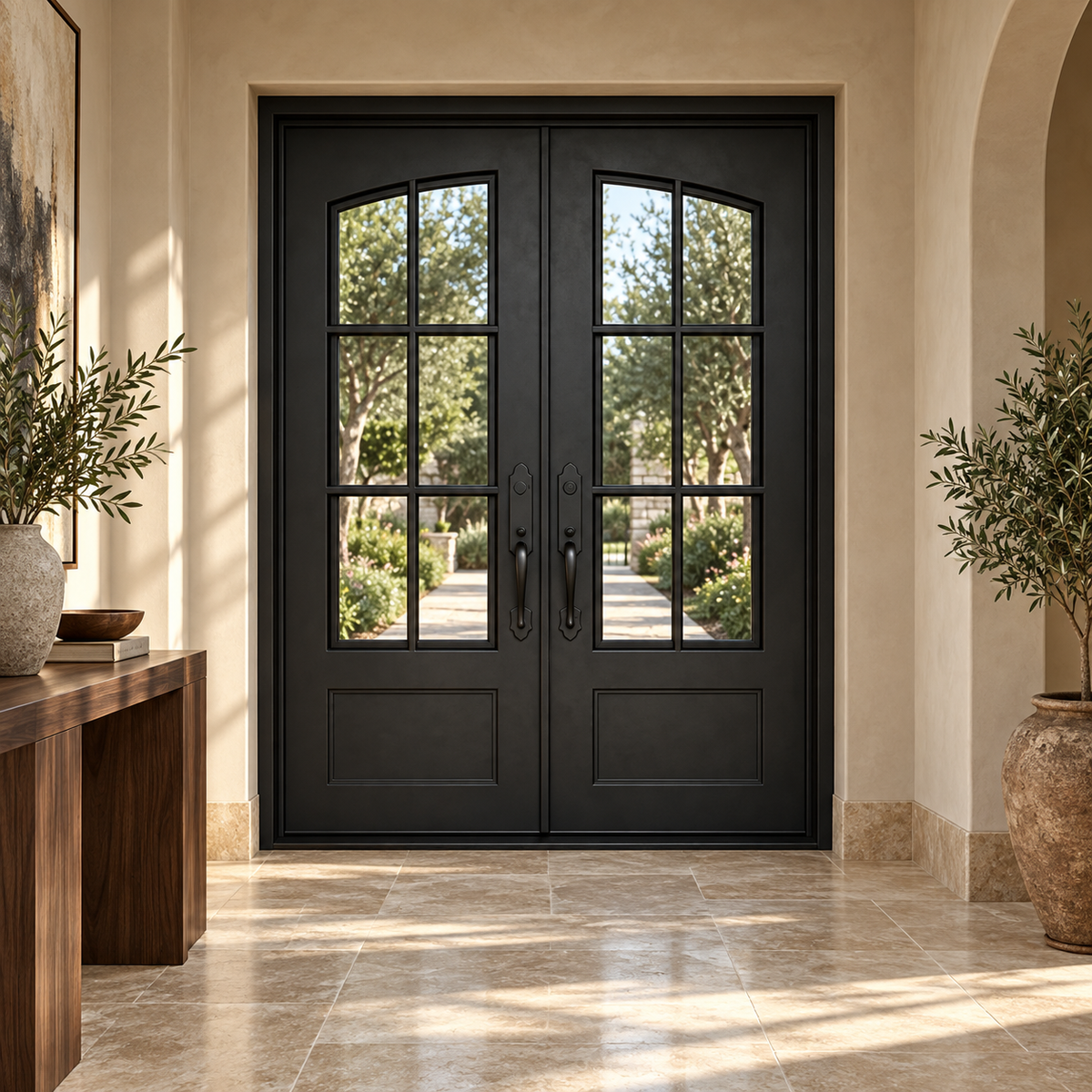 Aspen Double thermally broken black steel door in a luxury interior foyer — lifestyle visualization