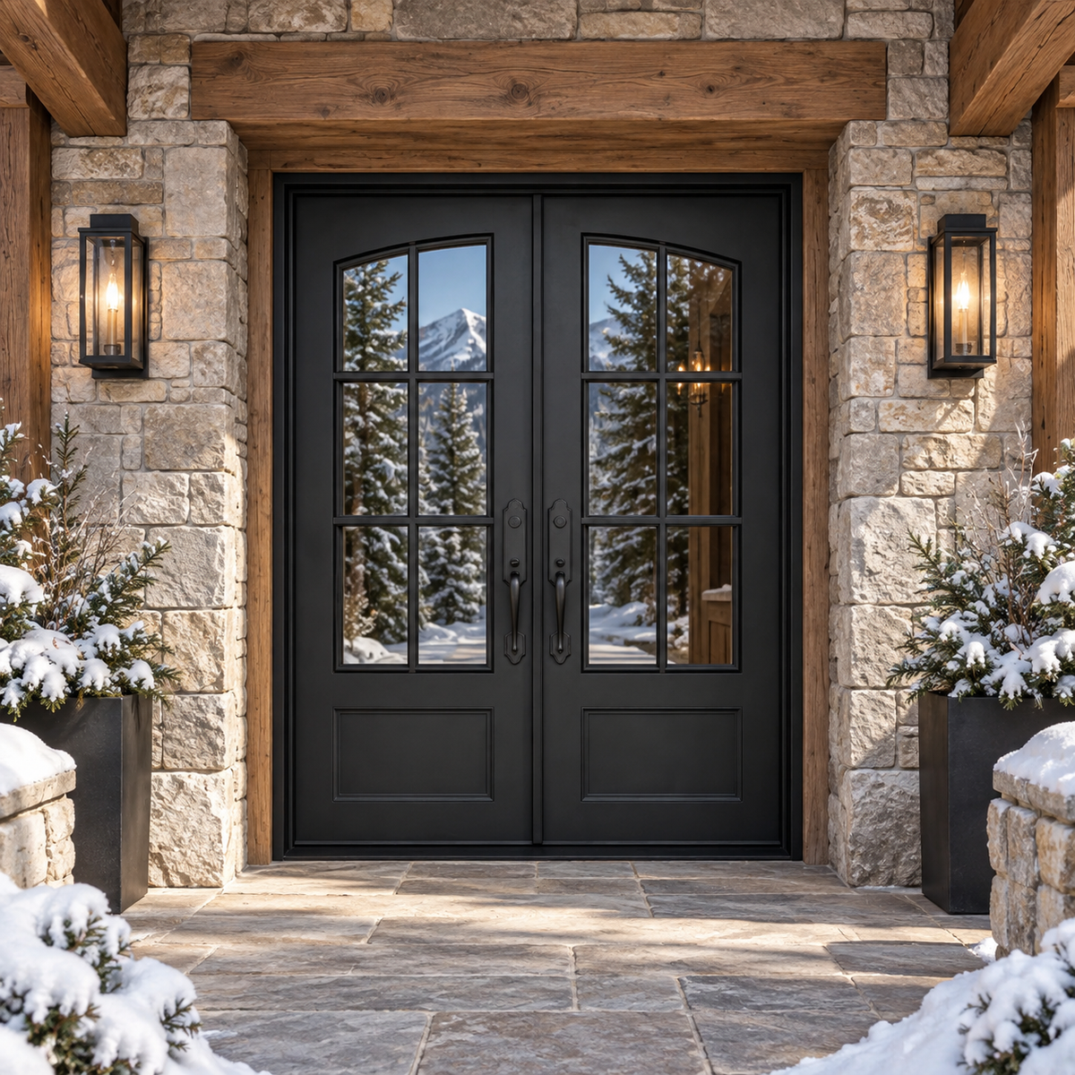 Aspen Double thermally broken black steel door in a luxury winter mountain home — lifestyle visualization