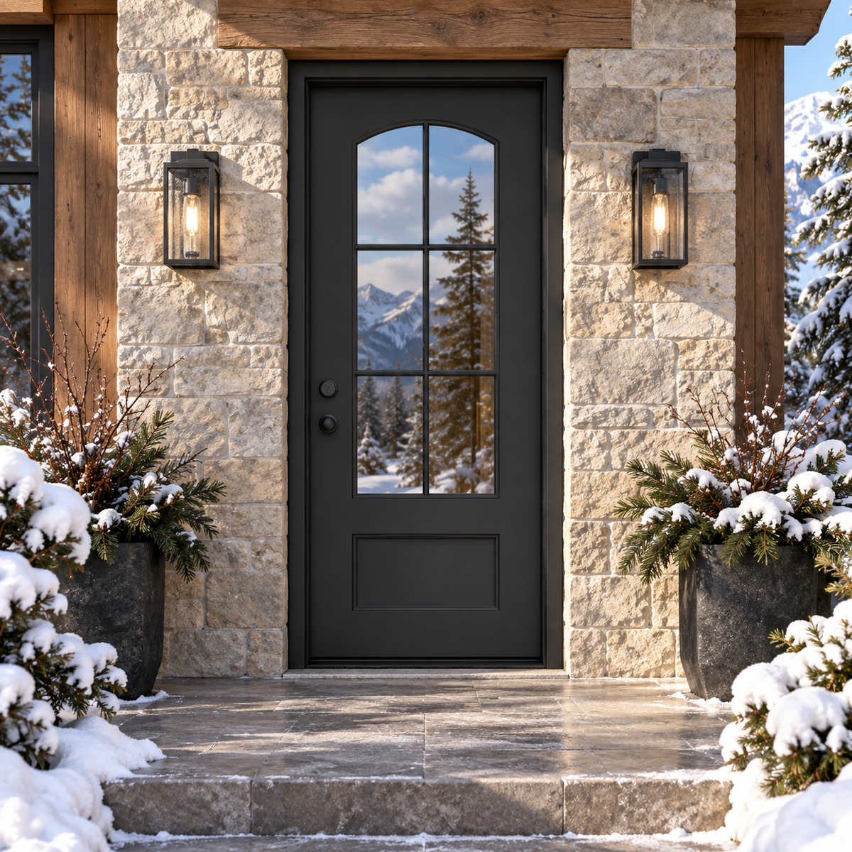 Aspen Single thermally broken black steel door in a luxury winter mountain home — lifestyle visualization
