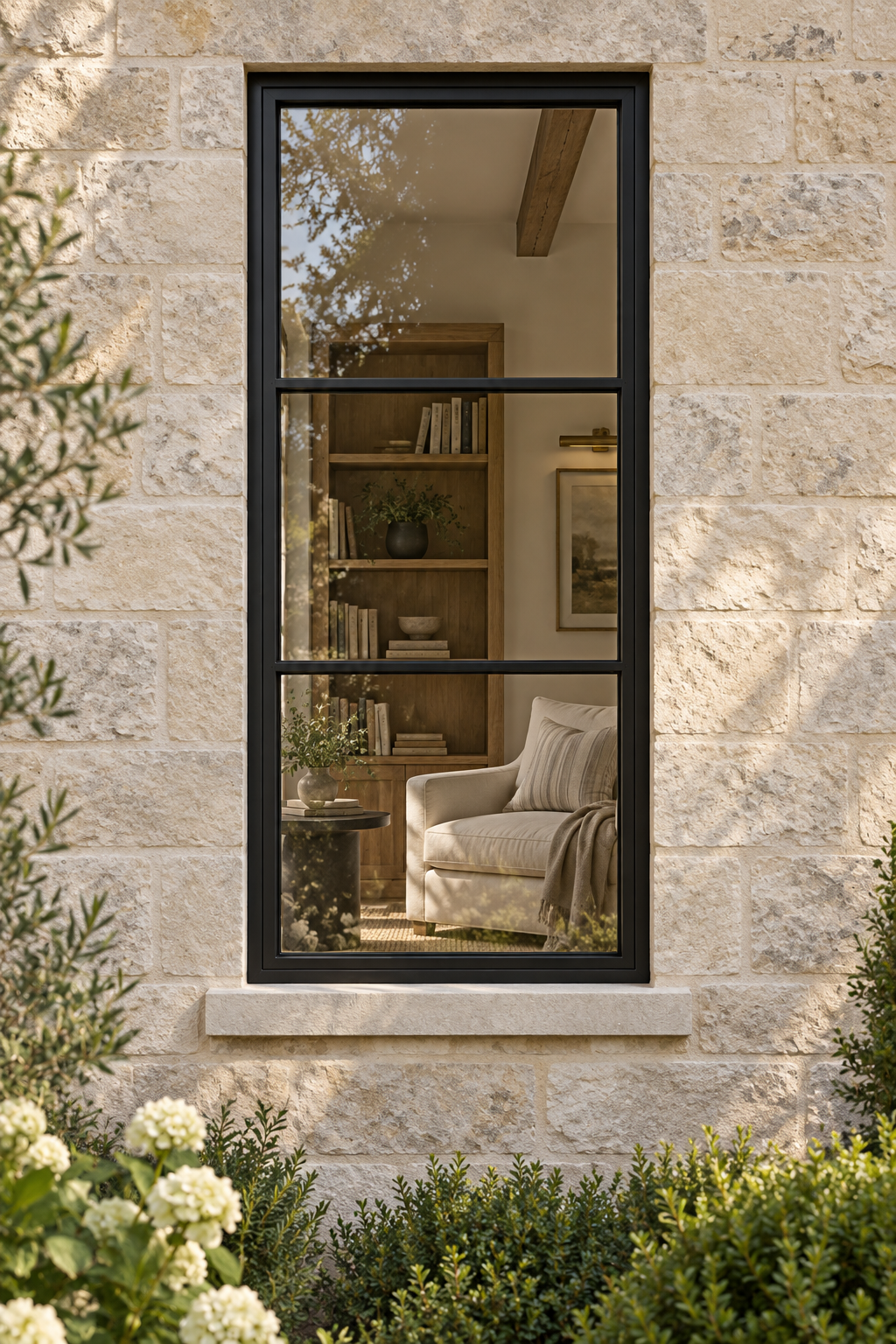 Three stacked lite fixed steel window with two horizontal bars — villa AI design visualization