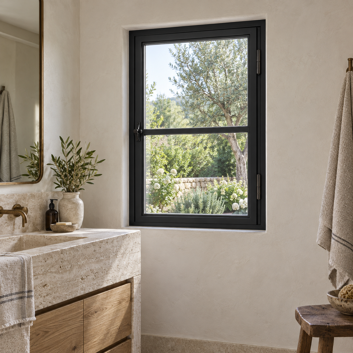 Two-lite single casement steel window — bath architectural visualization