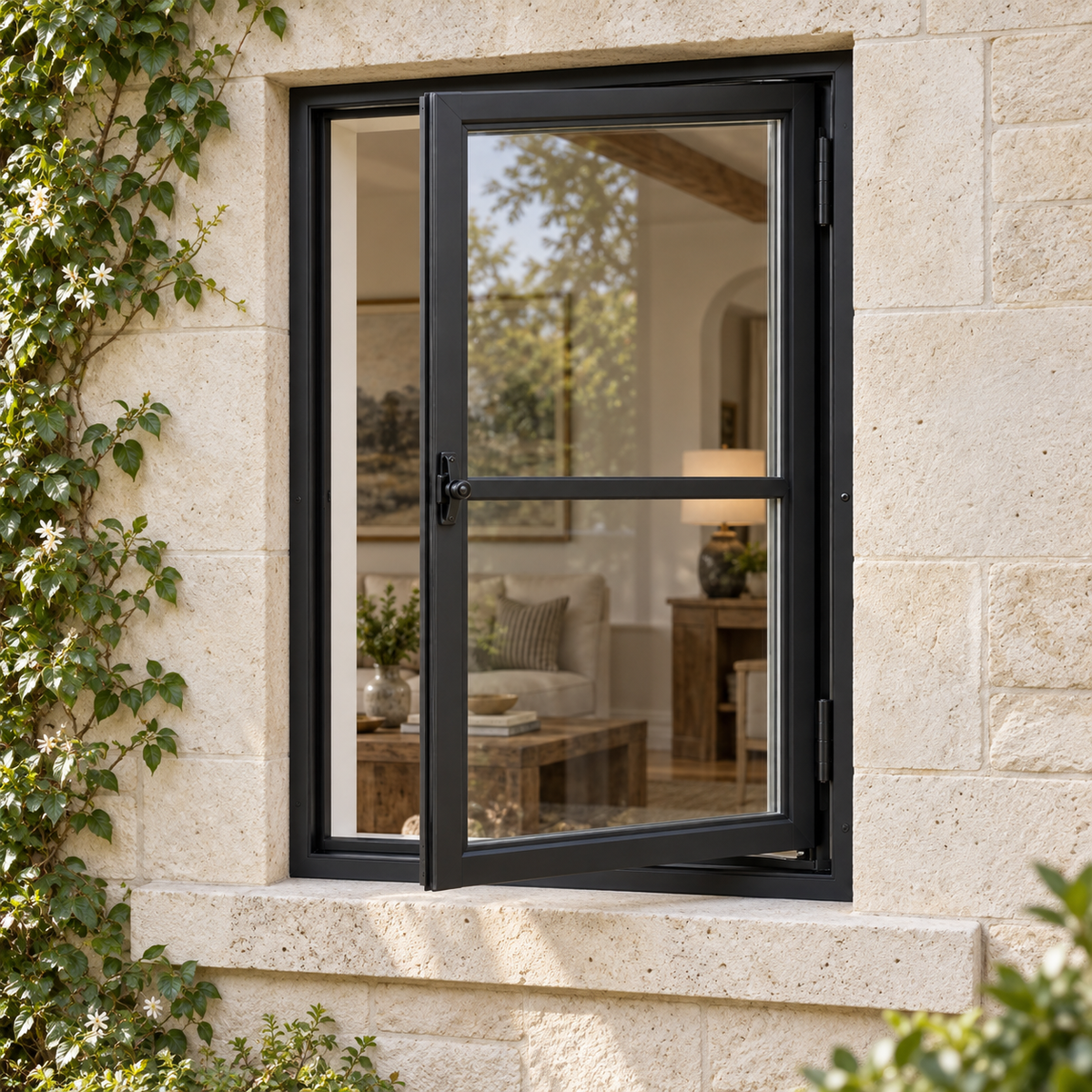 Two-lite single casement steel window — exterior architectural visualization
