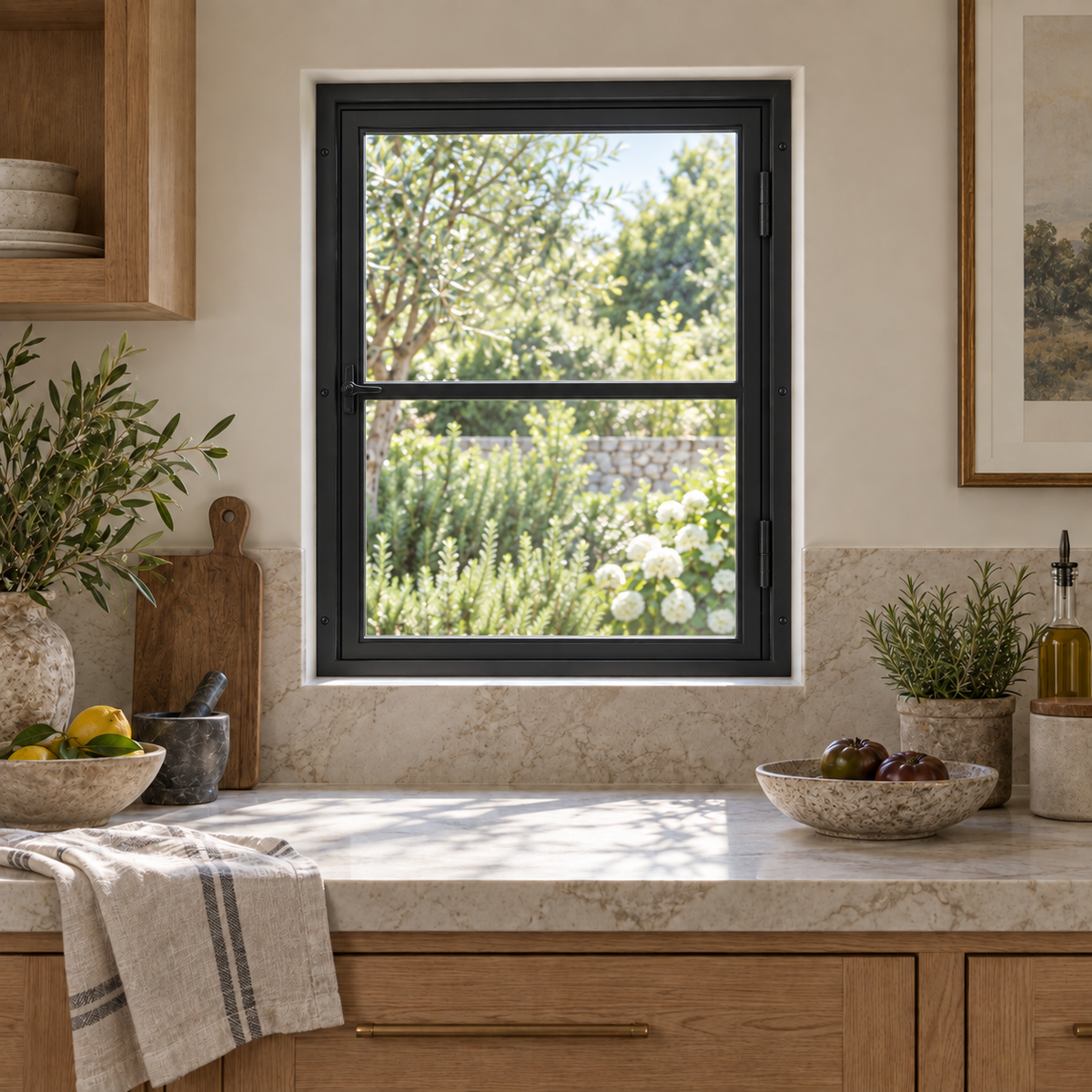 Two-lite single casement steel window — kitchen architectural visualization