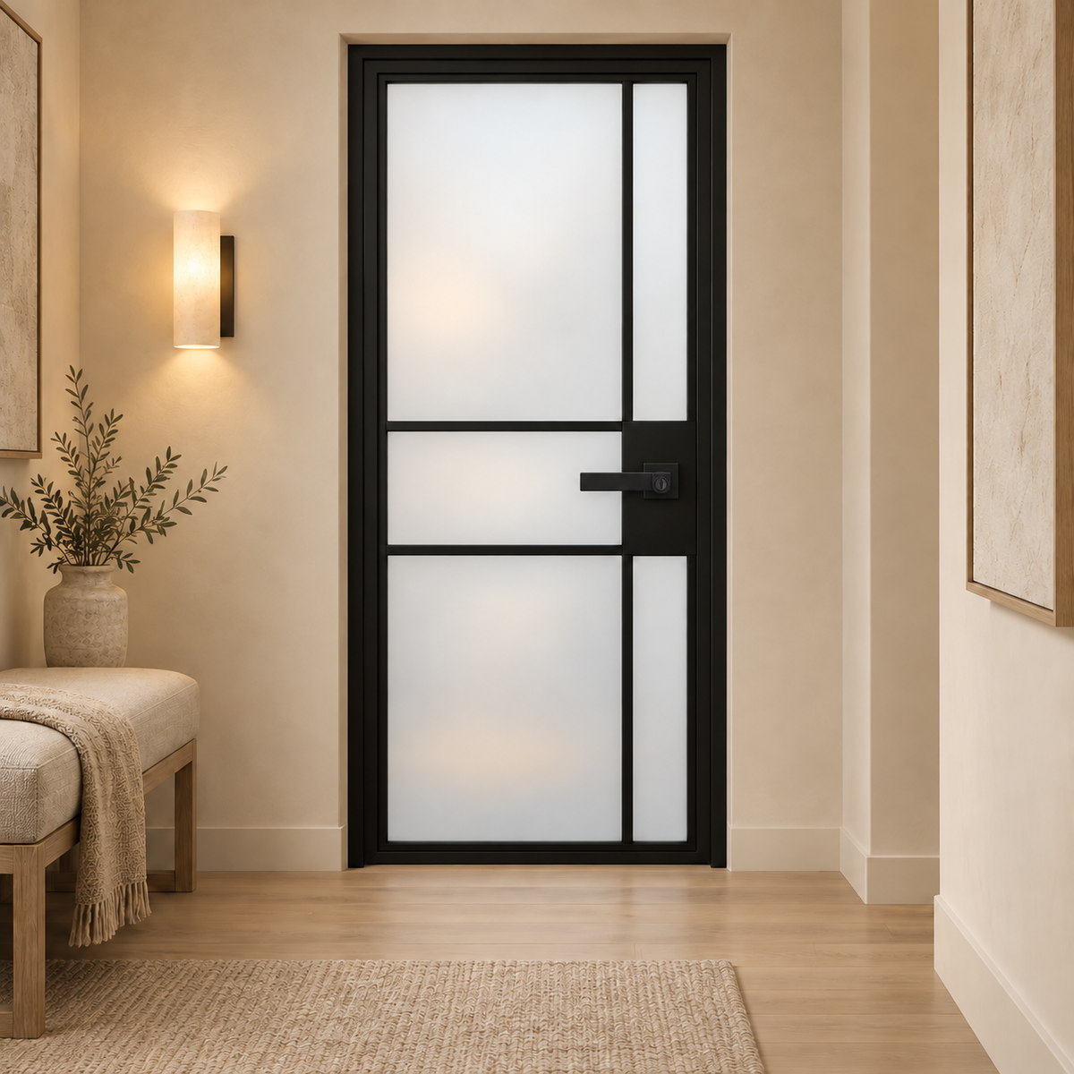 5 Lite Asymmetric Grid Interior Steel Door with Frosted Glass and included black lever — hallway