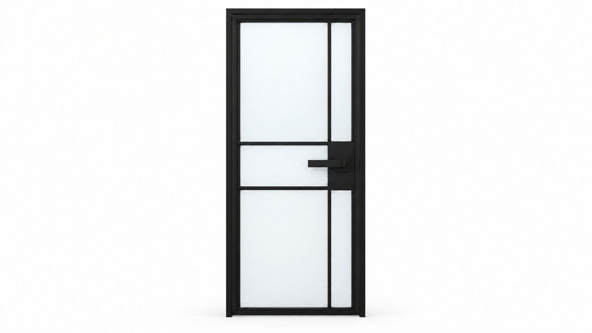5 Lite Asymmetric Grid Interior Steel Door with Frosted Glass and included black lever — studio