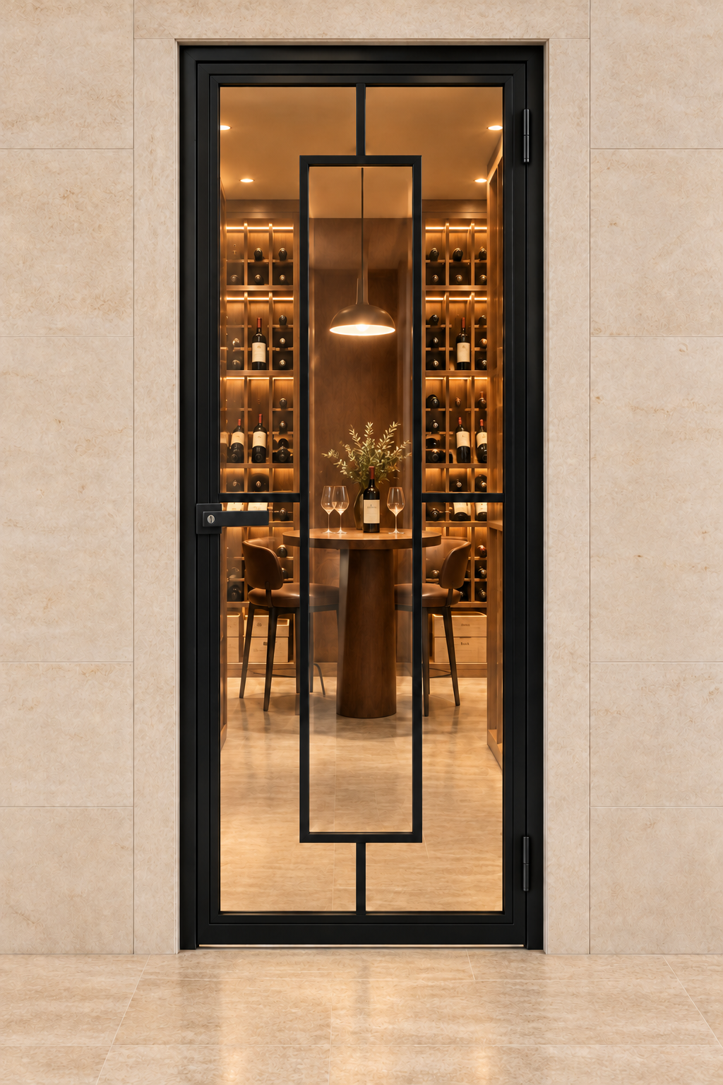 5 Lite Interior Steel Door with Central Rectangle and included matte black keyed lever — wine room