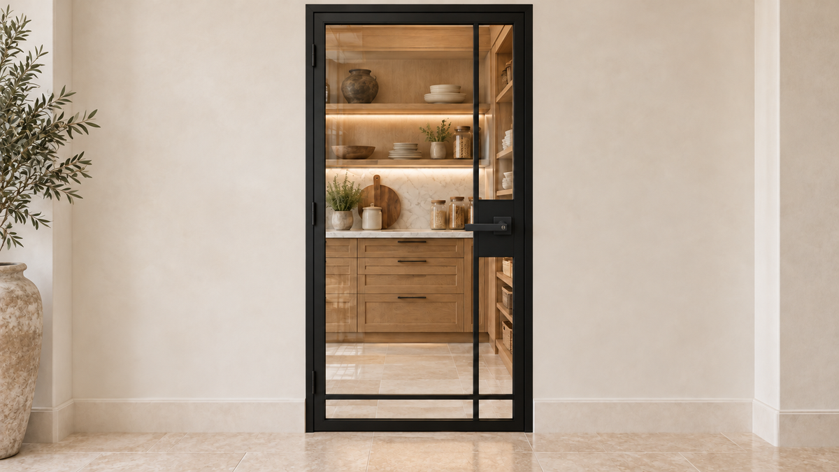 5 Lite Interior Steel Door with Offset Side and Bottom Dividers and included matte black lever — pantry