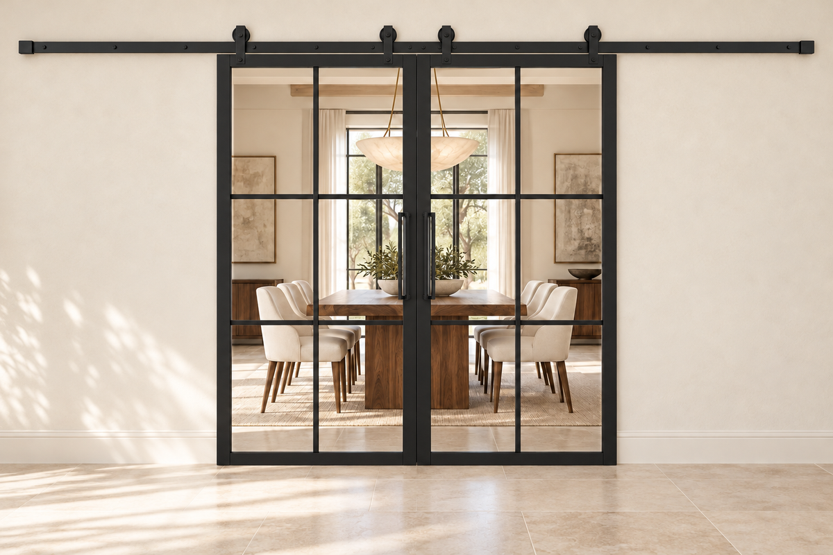 USABD 6 Lite Interior Double Barn Door with included rectangular pulls — dining
