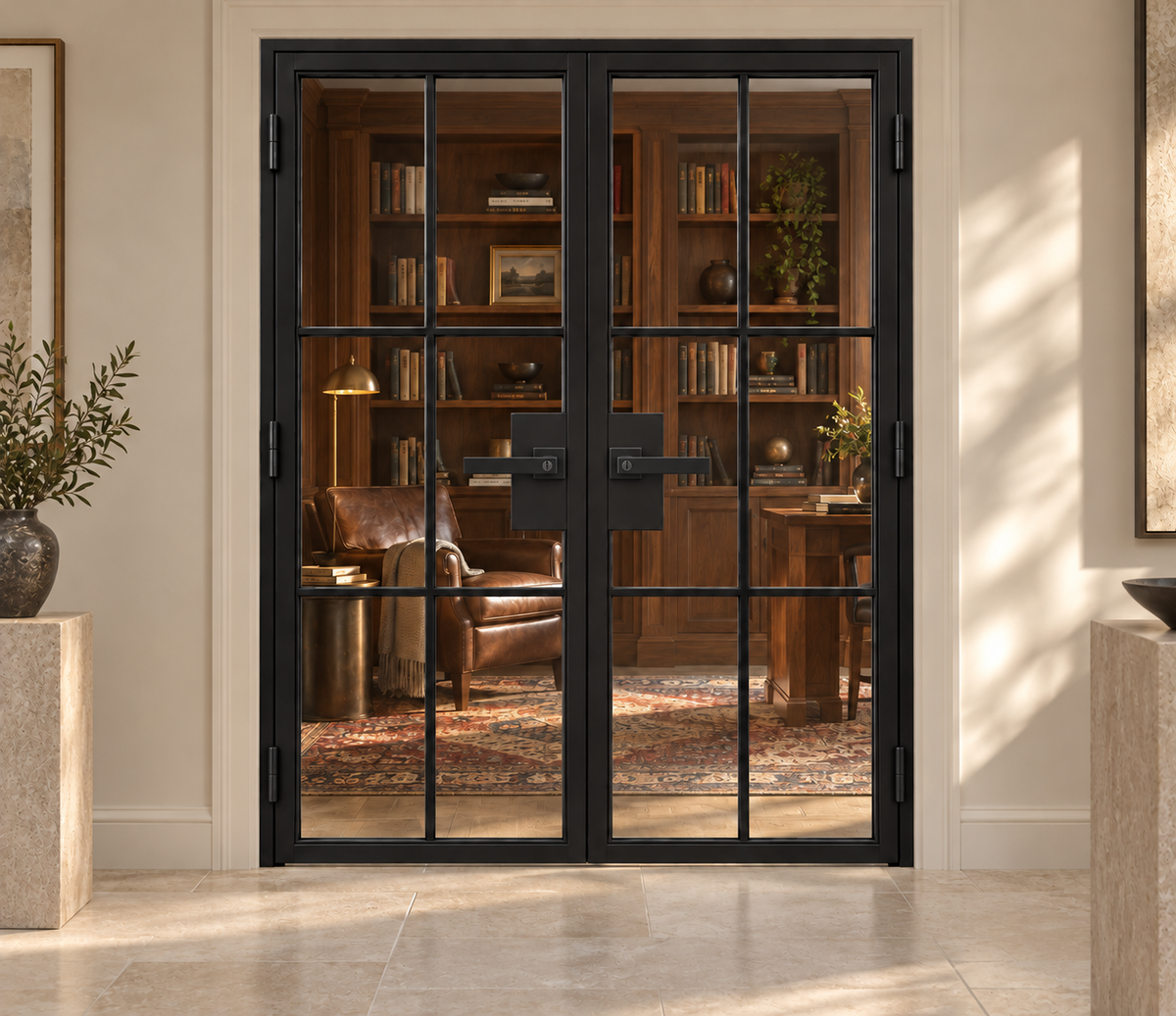 USABD 6 Lite full-height grid interior double French door with included rectangular lever hardware — library