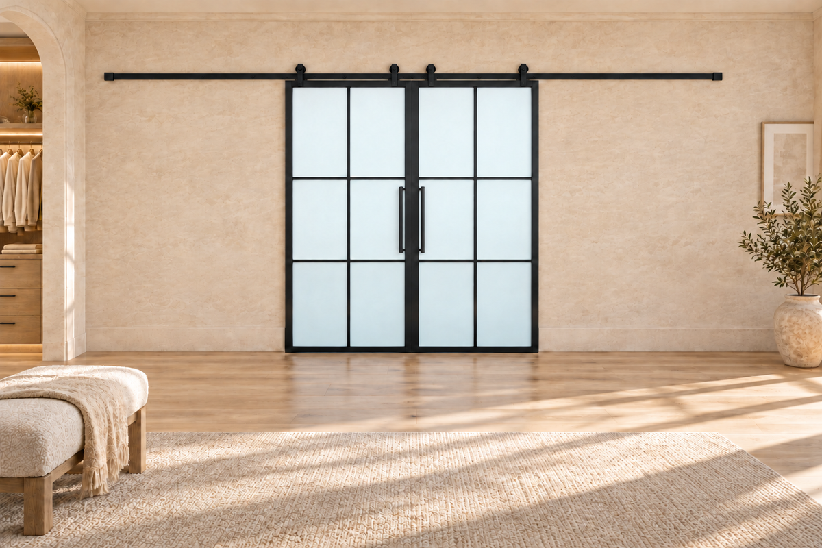 USABD frosted 6 Lite interior double barn door with included rectangular pulls — dressing
