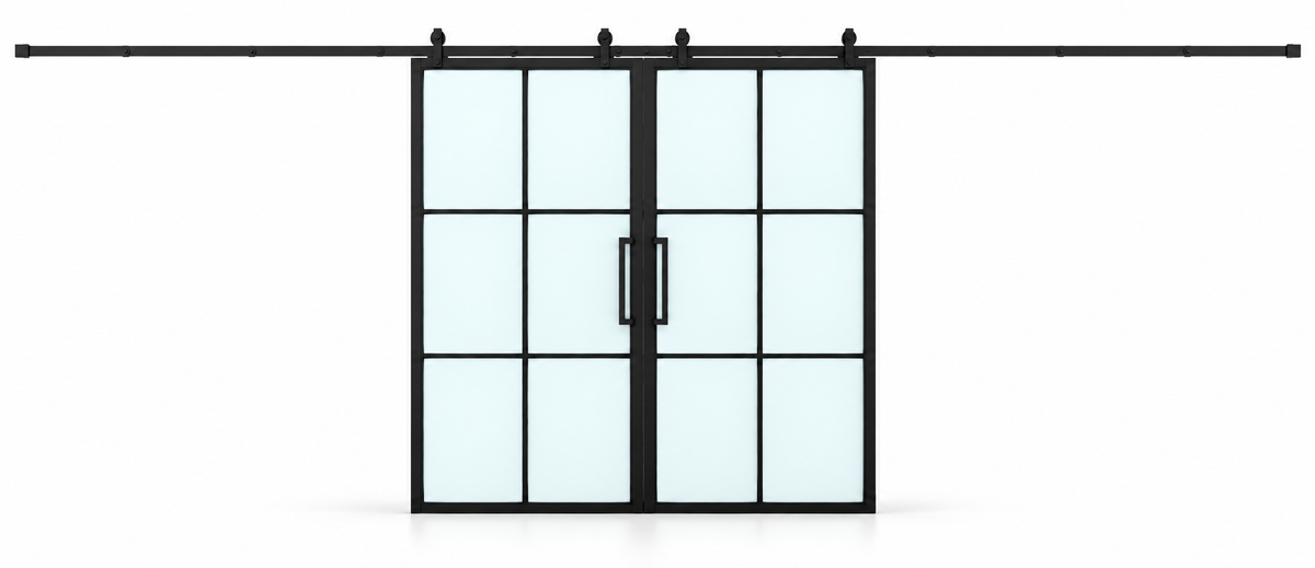 USABD frosted 6 Lite interior double barn door with included rectangular pulls — studio