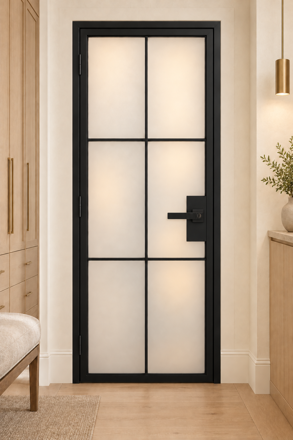USABD 6 Lite frosted glass interior steel door with included keyed lever lockset — dressing