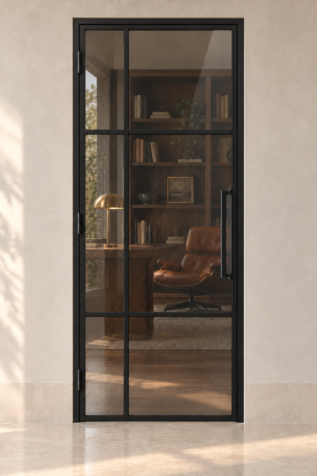 6 Lite gray-glass offset-grid interior door with included rectangular pull – study