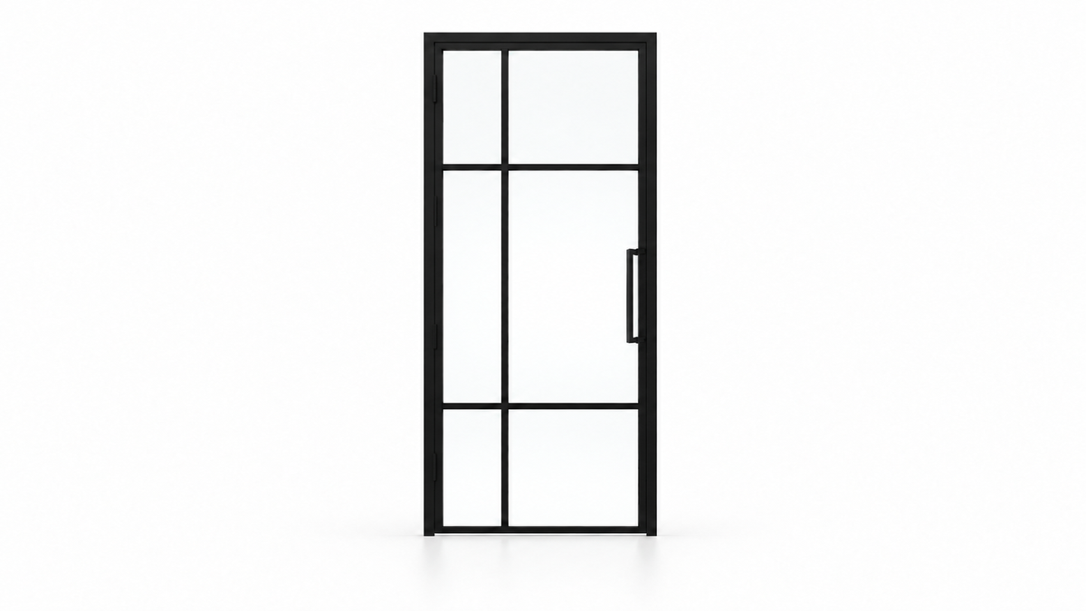 6 Lite offset-grid single interior steel door with included rectangular pull – studio