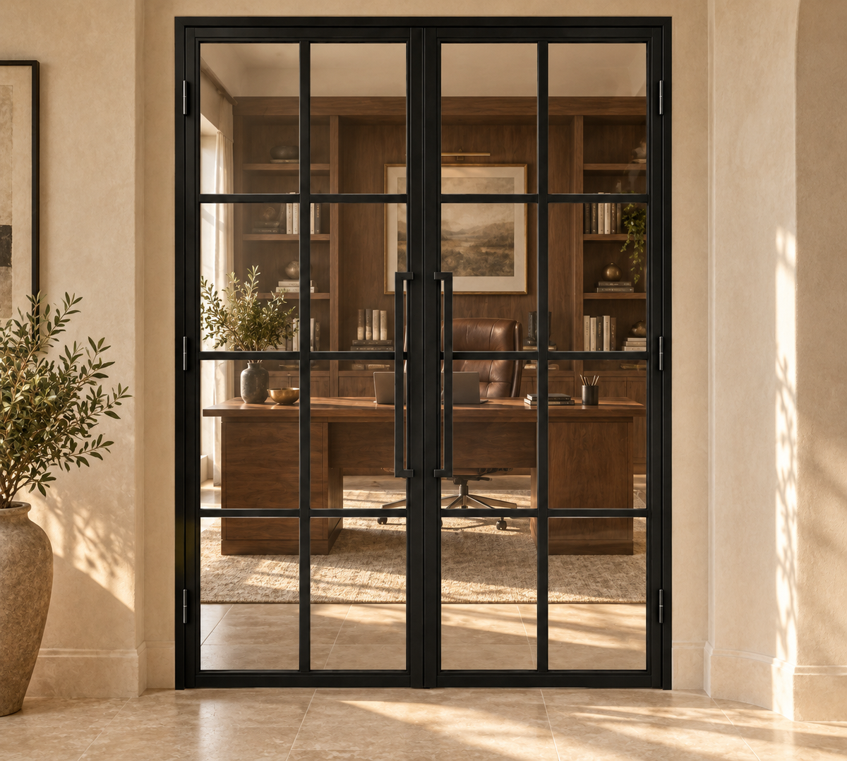 8 Lite double interior steel door with clear glass and included tall pulls — office