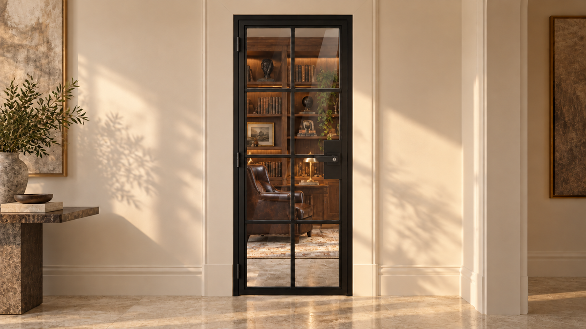 8 Lite single interior steel French door with included keyed lever – library