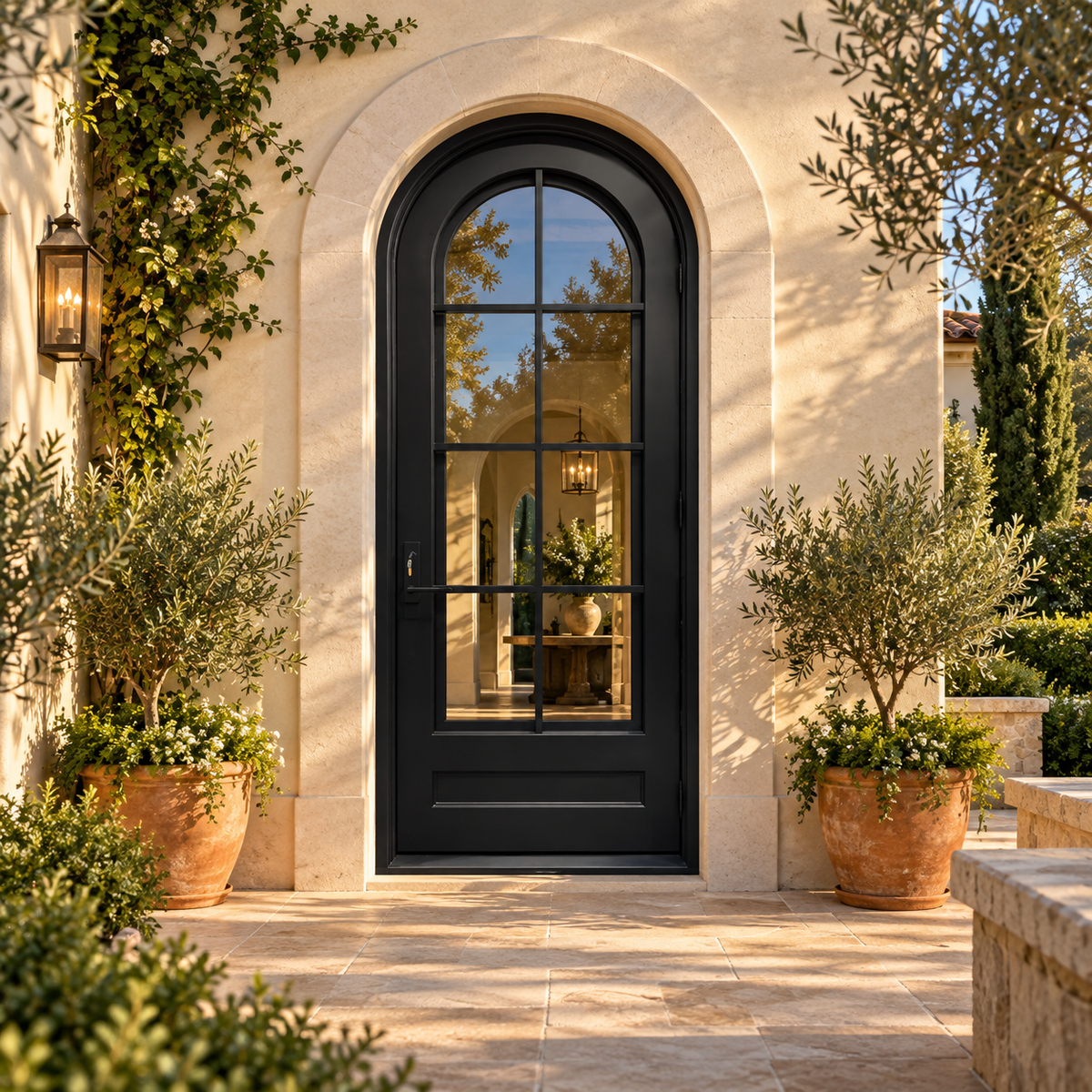 Arcelli Arched Single Iron French Door in a luxury courtyard setting — design visualization