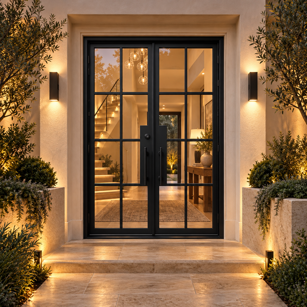Ashbourne grid double iron French door in a luxury courtyard setting — design visualization