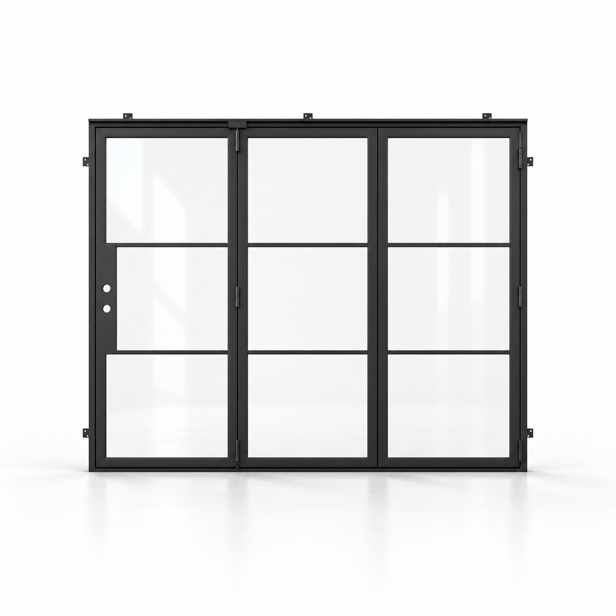 3-lite three-panel black steel bifold door on a white background — product visualization