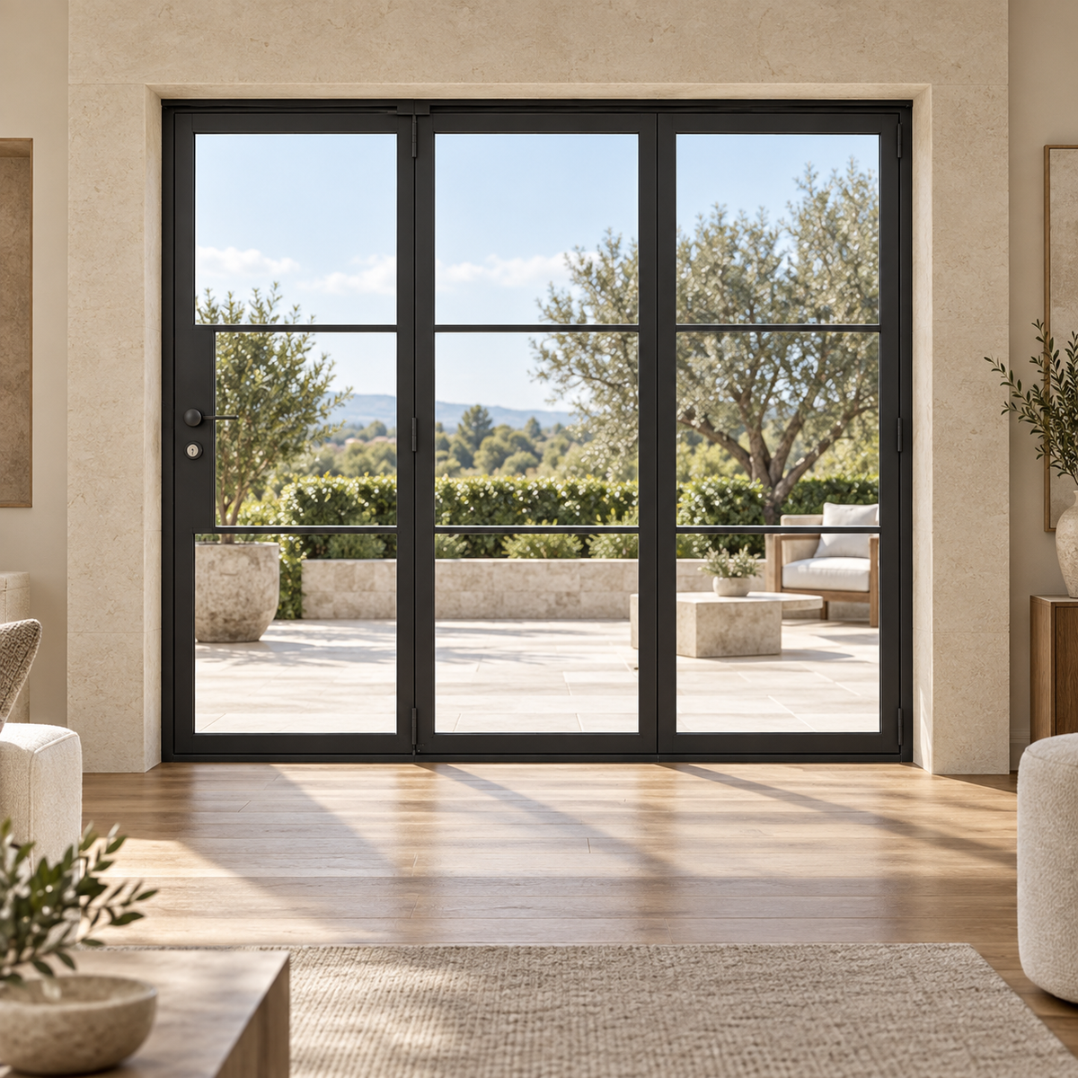 3-lite three-panel black steel bifold door in a limestone living room opening to a terrace — lifestyle visualization