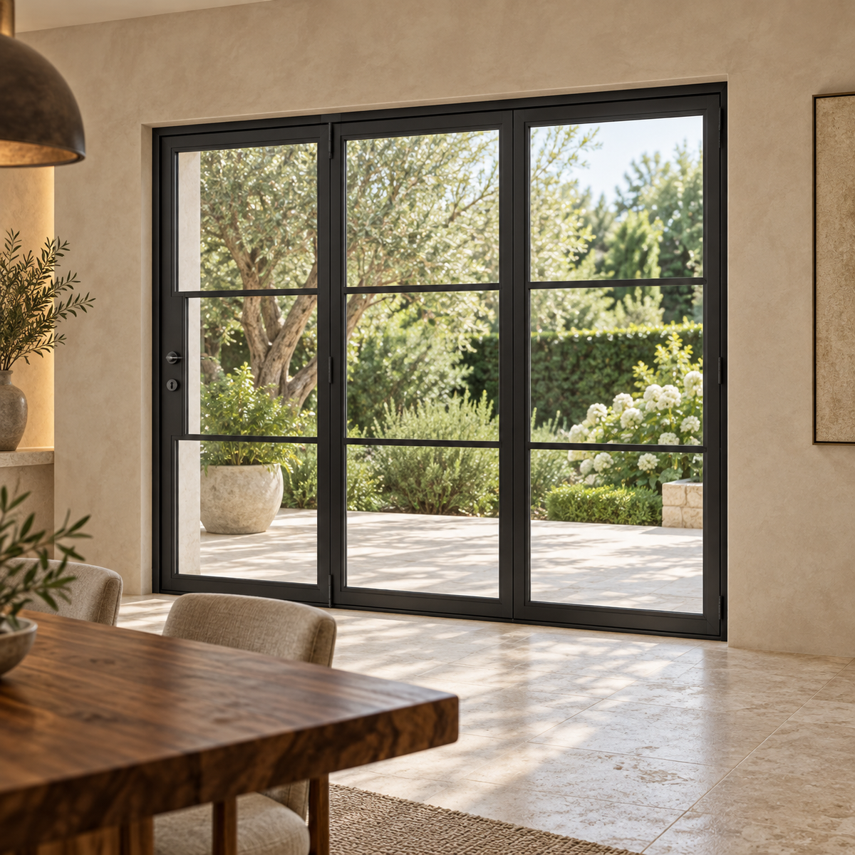 3-lite three-panel black steel bifold door beside a luxury dining area overlooking a garden — lifestyle visualization