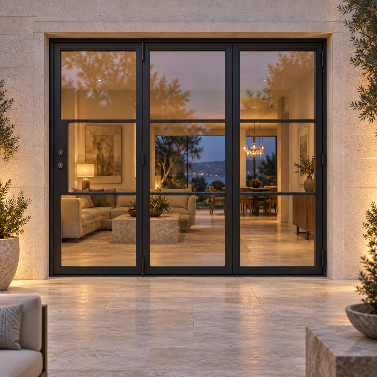 3-lite three-panel black steel bifold door at a limestone terrace with warm interior lighting at dusk — lifestyle visualization