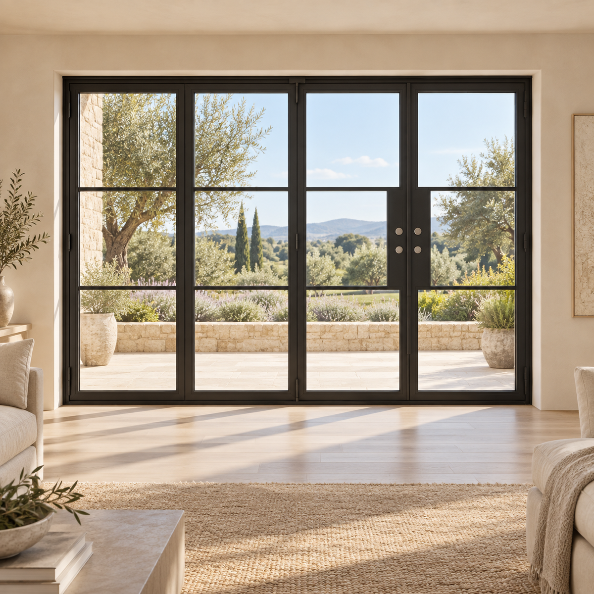 3-lite 3+1-panel black steel bifold door in a sunlit luxury living room opening to a garden terrace — lifestyle visualization