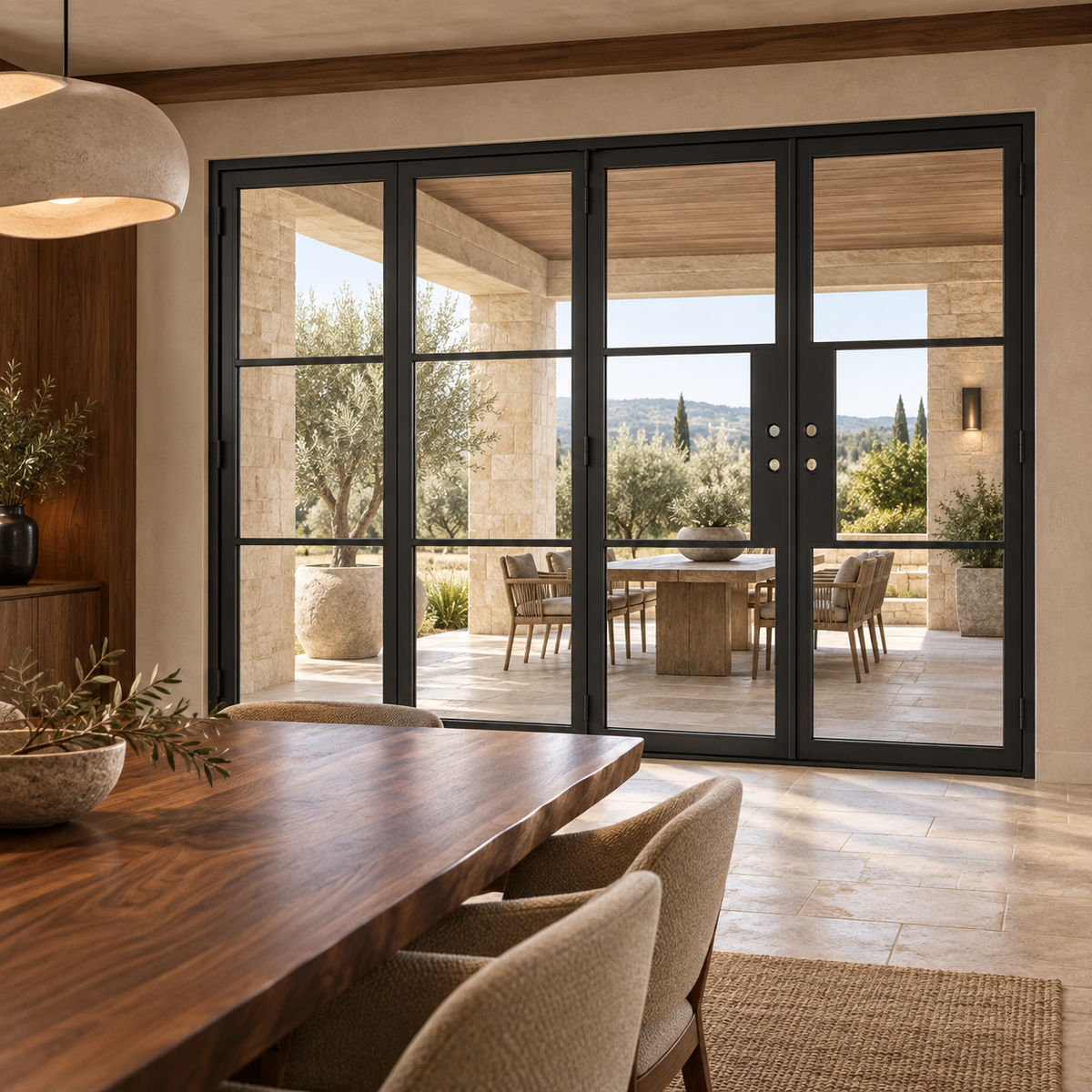 3-lite 3+1-panel black steel bifold door between an elegant dining room and covered stone terrace — lifestyle visualization