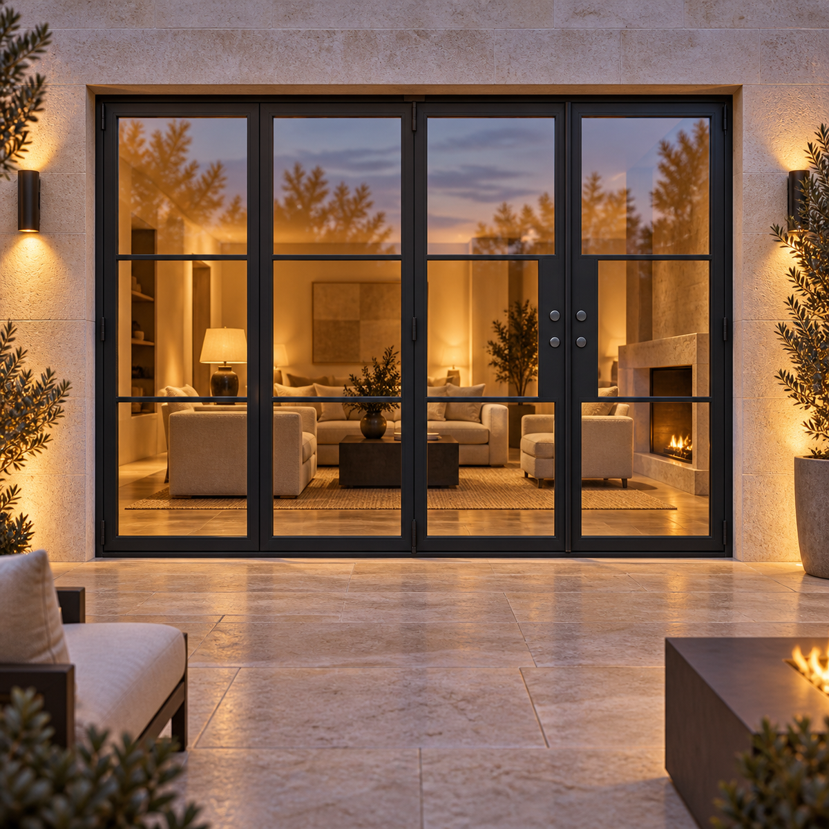3-lite 3+1-panel black steel bifold door in a limestone facade with a warm living room at dusk — lifestyle visualization