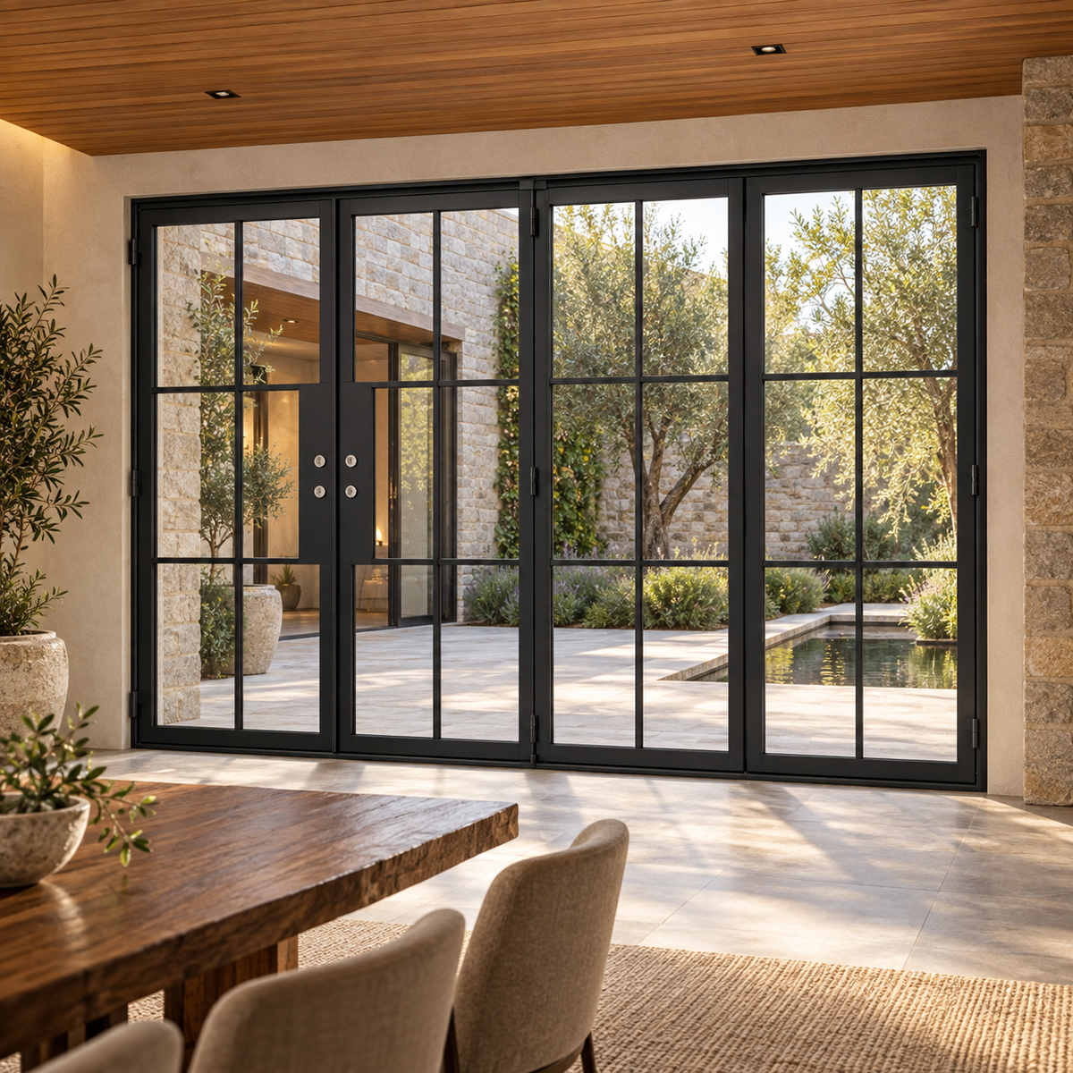 6-lite 3+1-panel black steel bifold door in an elegant dining pavilion facing a stone courtyard — lifestyle visualization