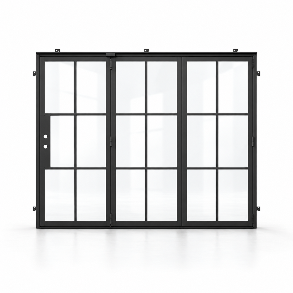 6-lite three-panel black steel bifold door on a white background — product visualization