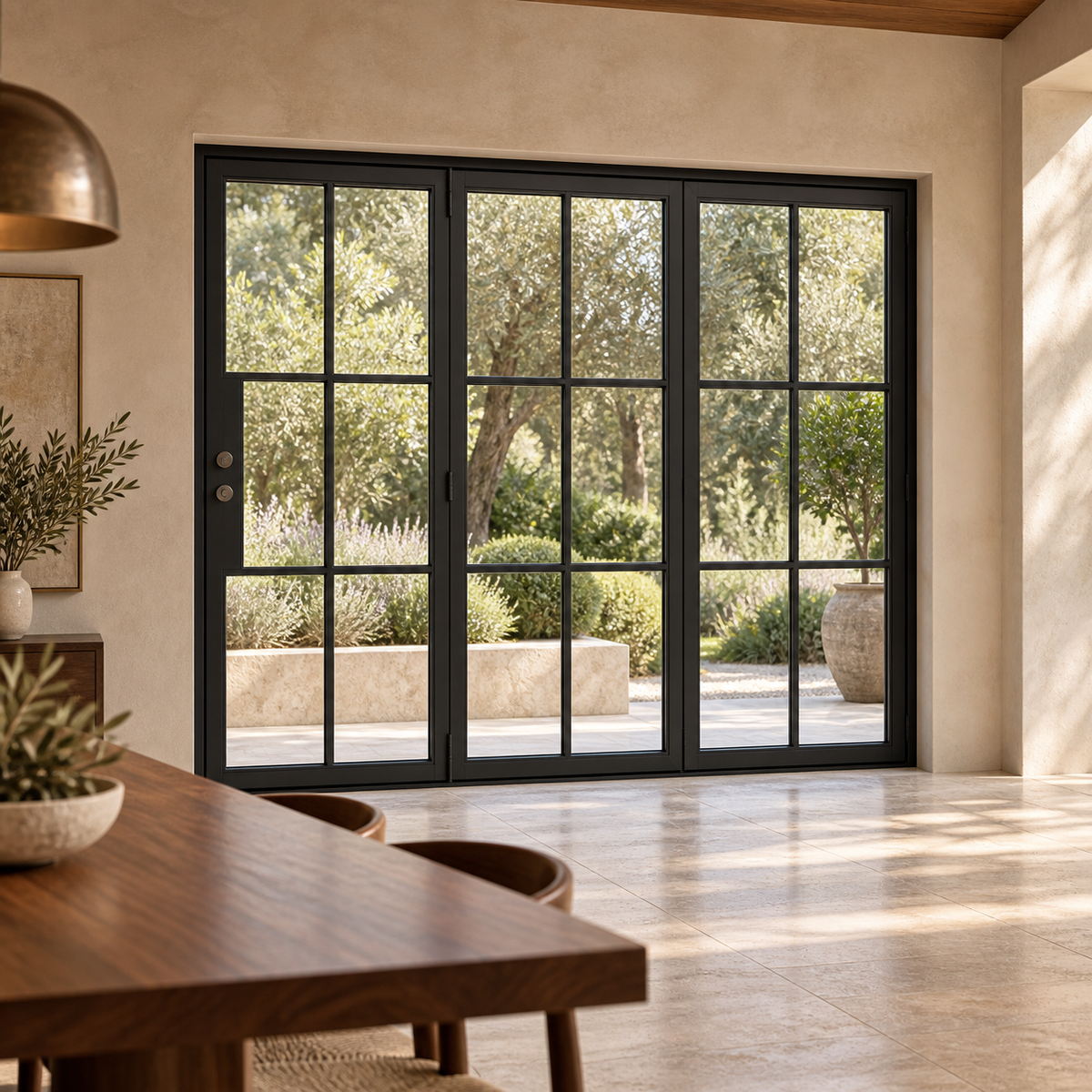 6-lite three-panel black steel bifold door beside a luxury dining area overlooking a garden — lifestyle visualization