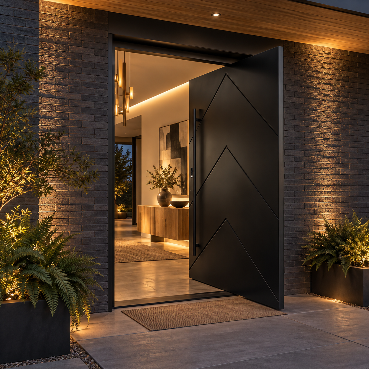 Caspian chevron solid-panel pivot door — lifestyle visualization