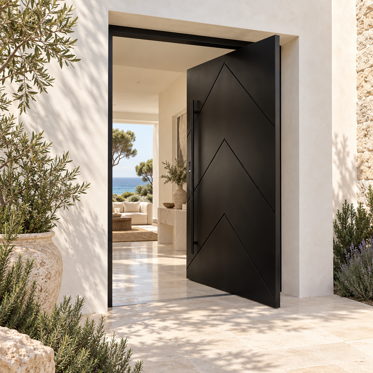 Caspian chevron solid-panel pivot door — lifestyle visualization