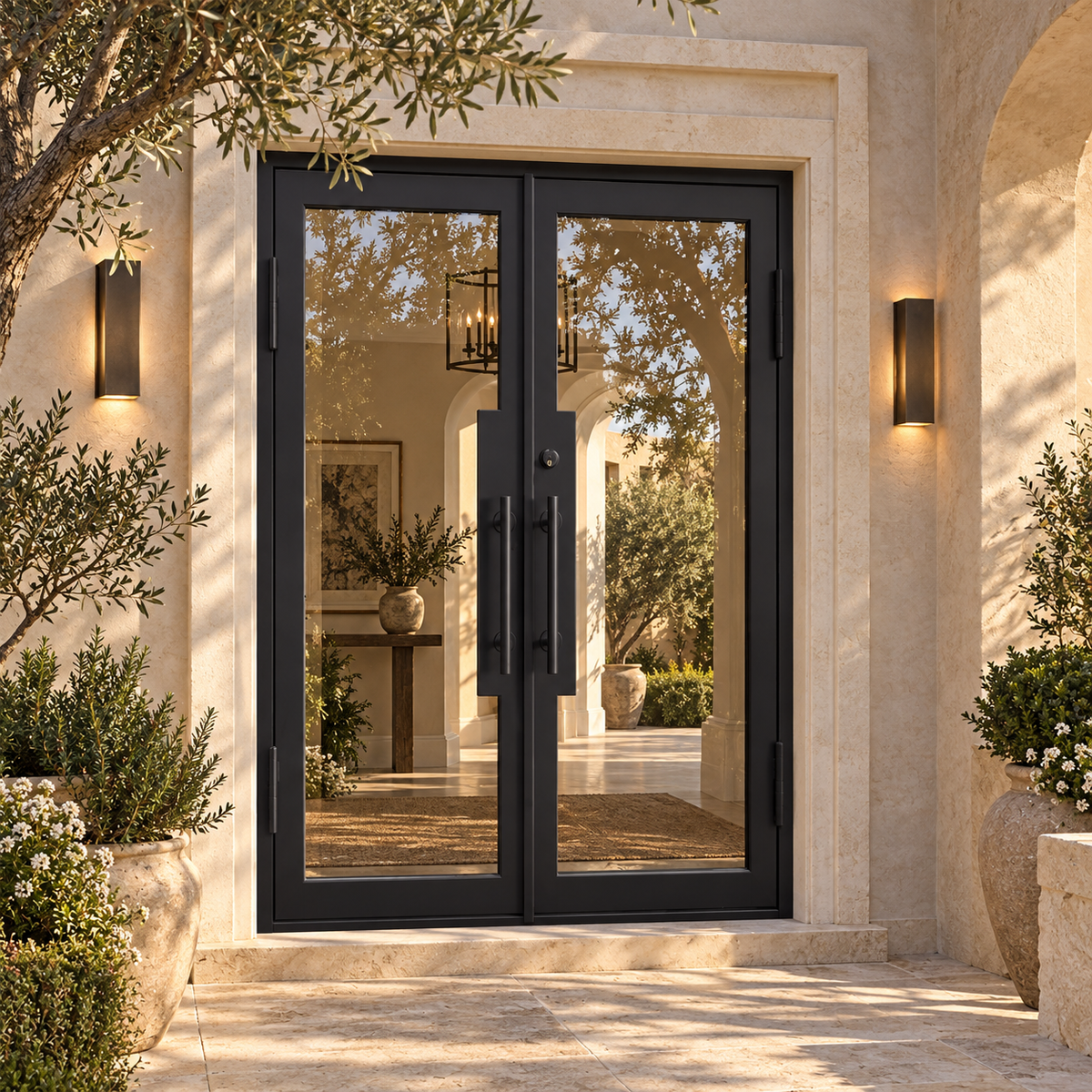 Clairmont Full Lite Double Iron French Door in a luxury courtyard setting — design visualization