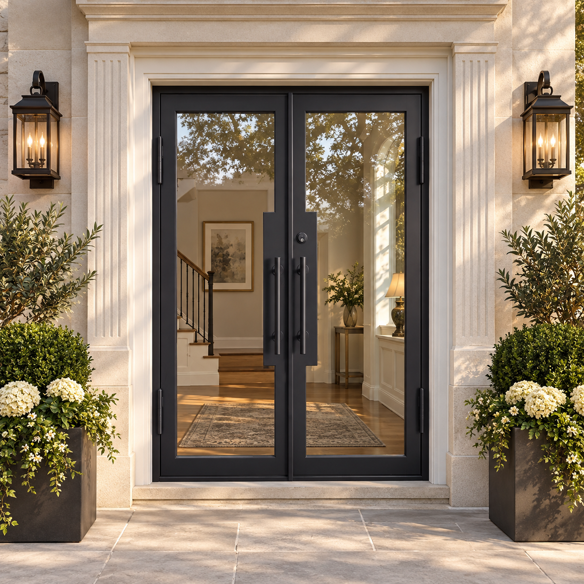 Clairmont Full Lite Double Iron French Door in a luxury townhouse setting — design visualization