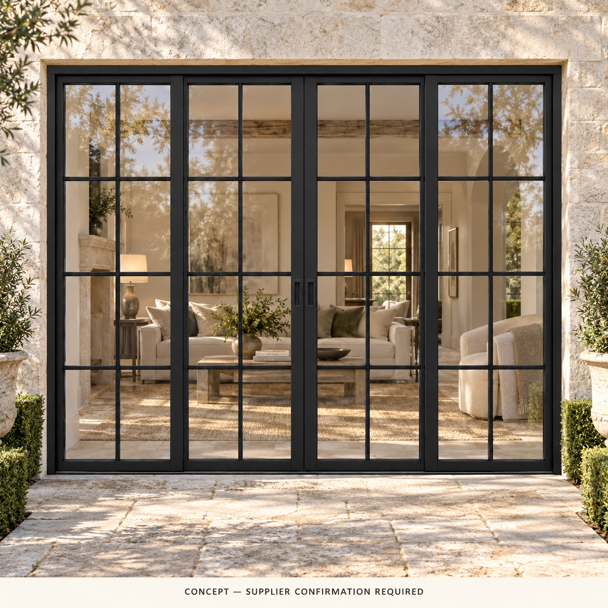 D038 32-pane pocket-slider estate CONCEPT ONLY — supplier confirmation required; not verified construction.