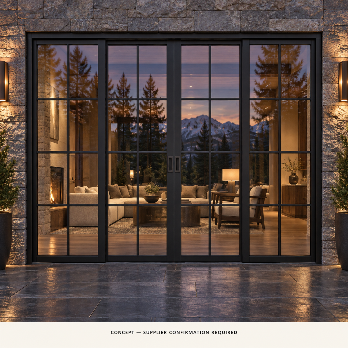 D038 32-pane pocket-slider evening CONCEPT ONLY — supplier confirmation required; not verified construction.