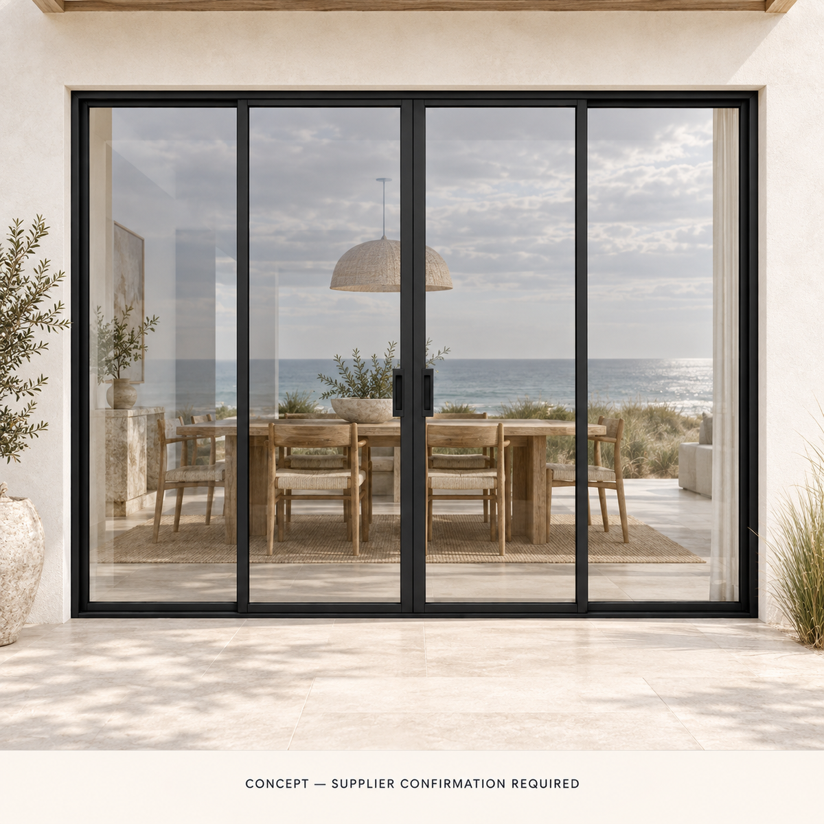 D040 full-lite pocket-slider coastal CONCEPT ONLY — supplier confirmation required; not verified construction.
